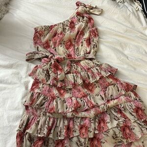 Pink floral mini one shoulder dress